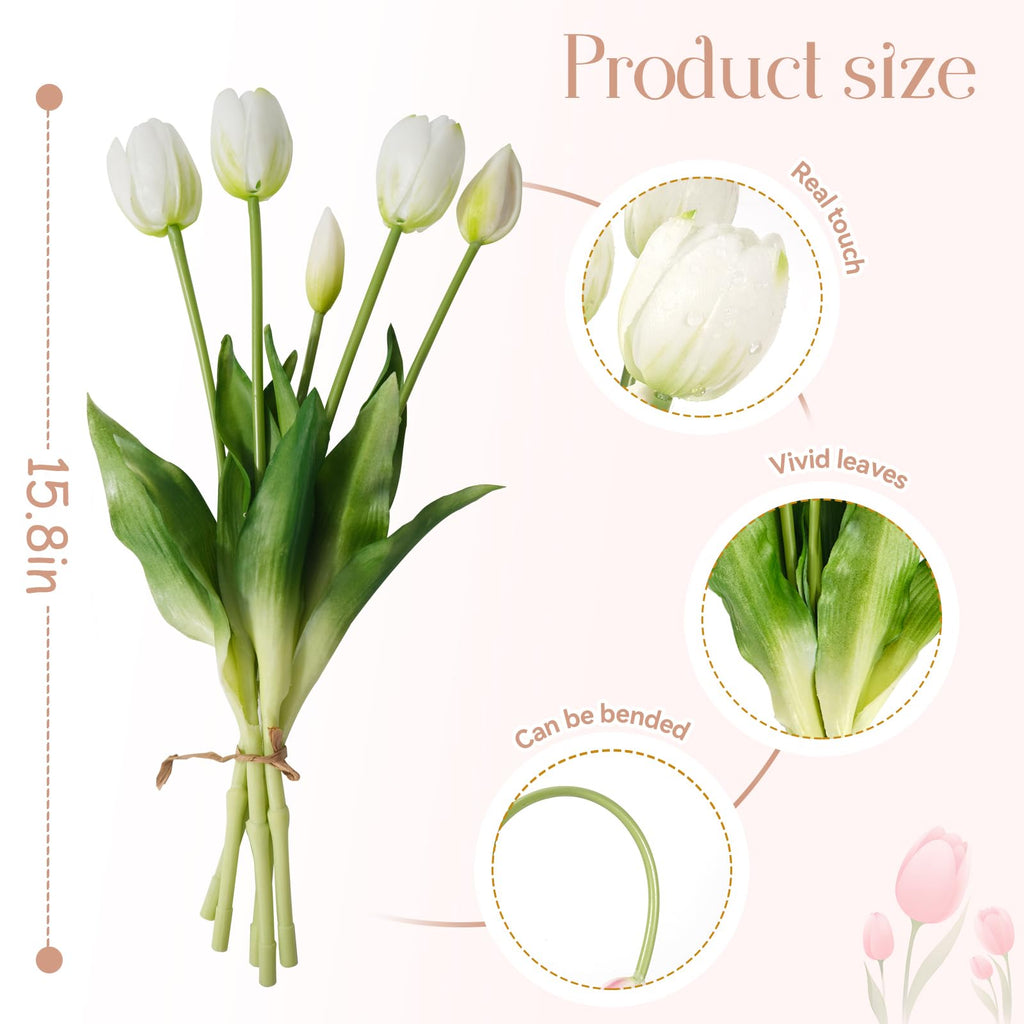 15Pcs White Artificial Tulips with Soft Touch Petals, Natural-Looking