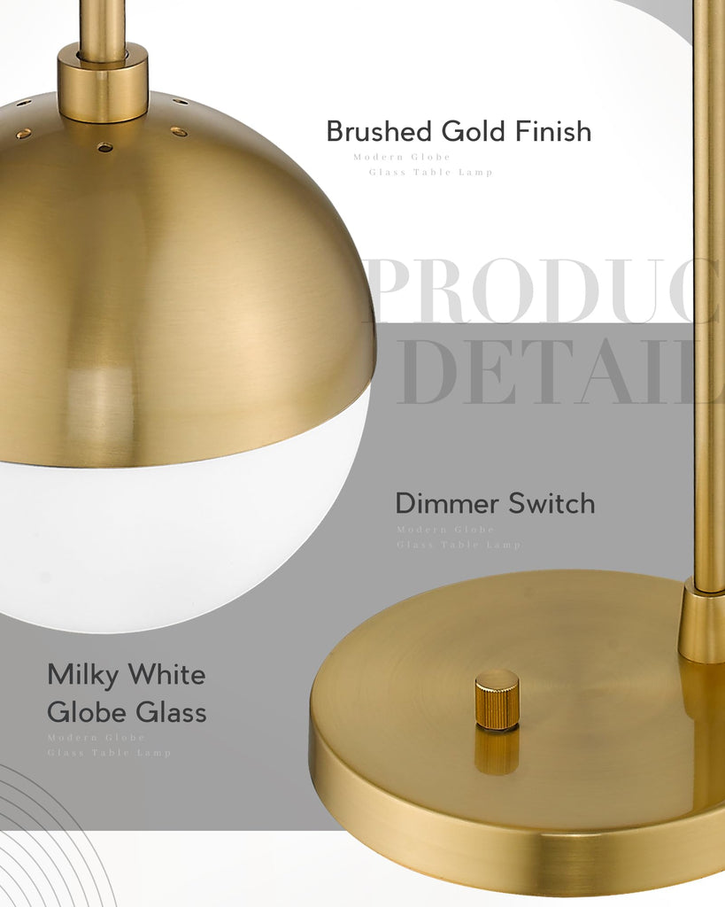 Modern Gold Table Lamp with White Glass Globe, Gold Desk Light Bedside Lamp with Brushed Brass Finished Office