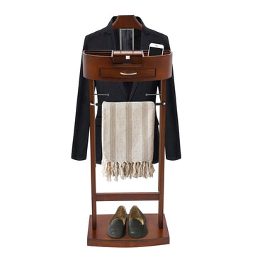 Mens Valet Stand with Drawer, Top Tray, Wood Suit Rack Suit Stand for Man and Women Clothes Valet, Freestanding Clothes