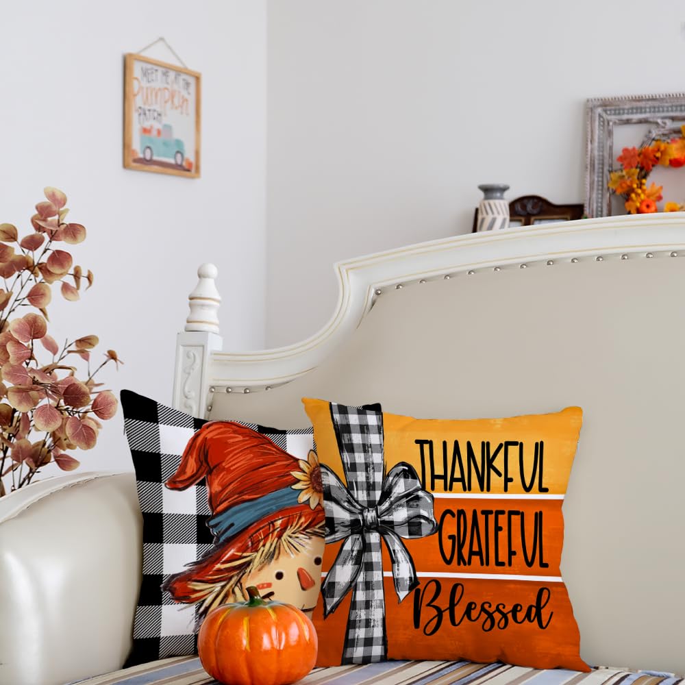 Fall Throw Pillow Covers 20x20 Inch Set of 4, Pumpkin Scarecrow Buffalo Plaid Orange Autumn Seasonal Decorative