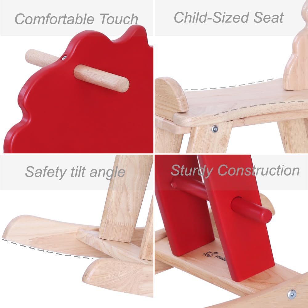 Red Wooden Rocking Horse for Preschool (Ages 3-6) - Solid Rubber Wood, Safe & Comfortable Footrest, Supports Physical