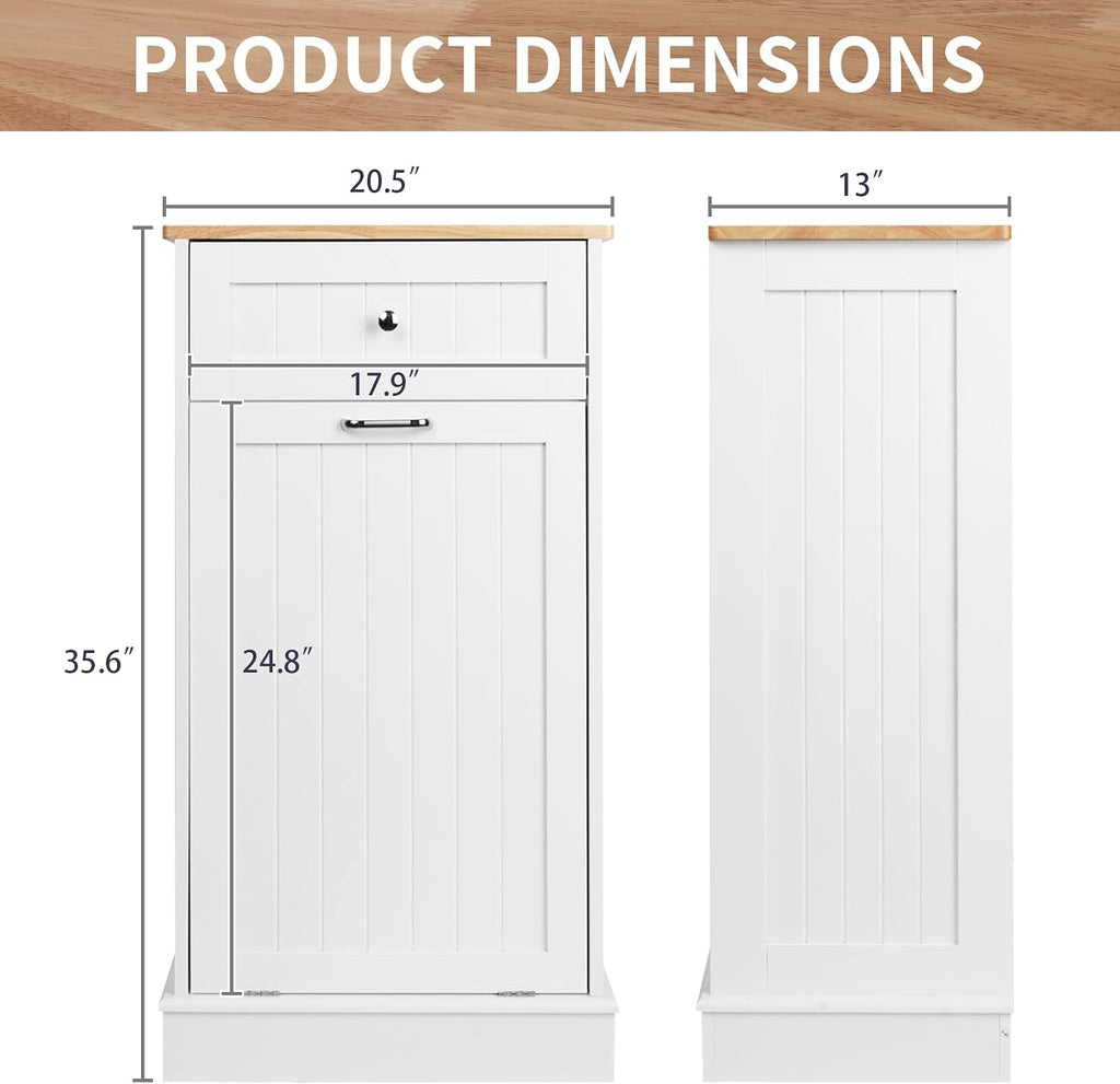 Tilt Out Trash Cabinet, Antique-Style Beadboard Kitchen Island with Solid Wood Tabletop & Drawer, Pet Proof Trash Can