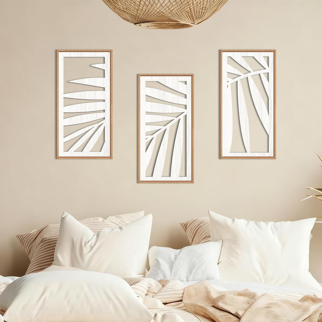Tropical Palm Tree Leaf Wood Wall Art White Framed 8x16 Inch Set of 3 Hawaii Plant Leaves Wooden Wall Decor