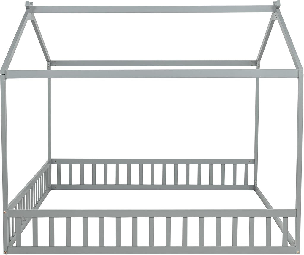 Double Tw Floor Bed for 2 Kids with Guardrails, Grey