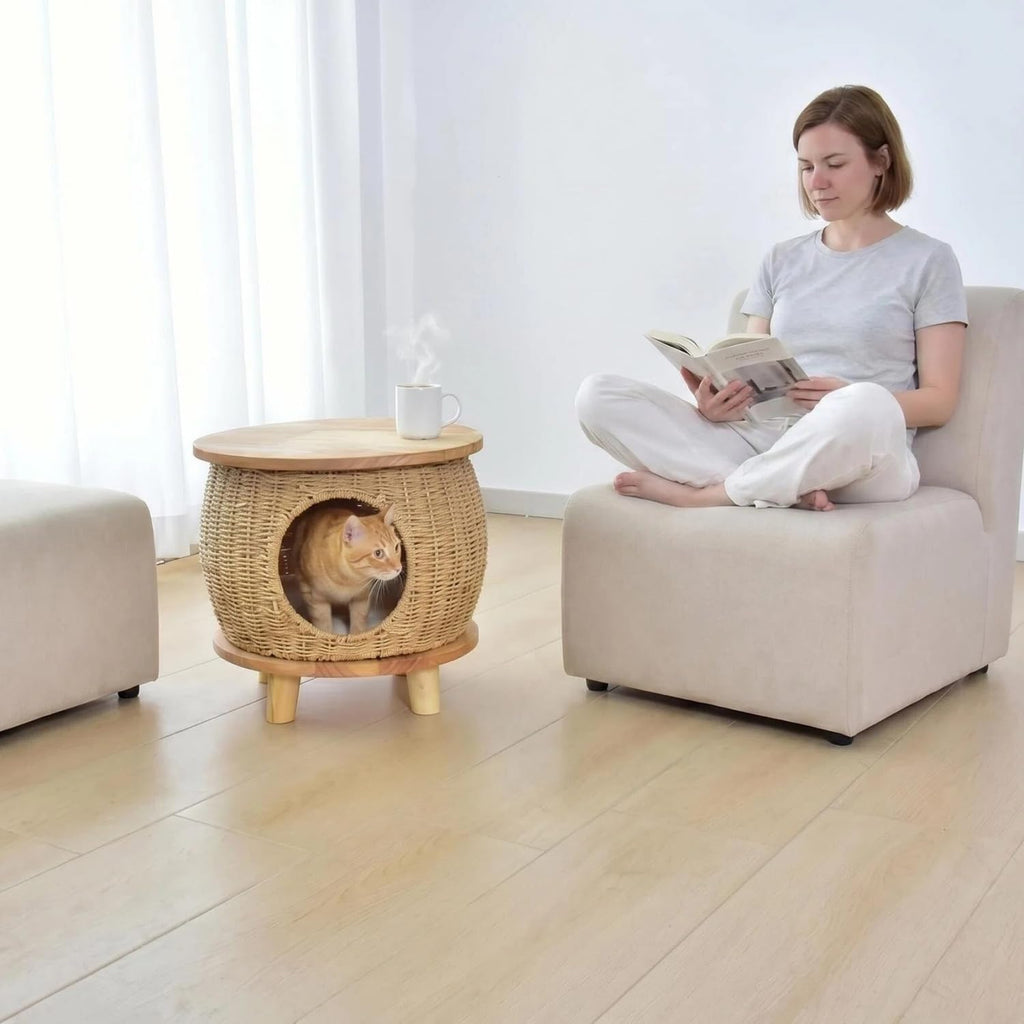 16" Wide Elevated Enclosed Handwoven Basket Cat Bed with Natural Solid Wood Base, Rattan Wicker Cat Cave Hideaway