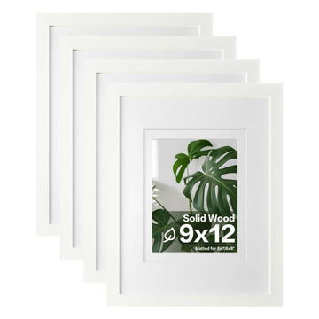 9x12 Picture Frames 4PCS Covered by Plexiglass, Wood Frames for Pictures 5x7/6x8 with Mat or 9x12 without Mat