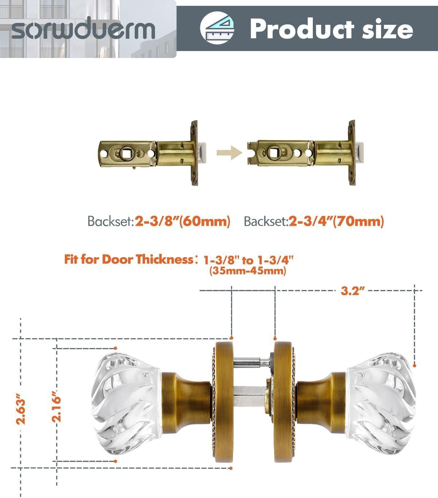 1 Pack Crystal Door Knobs Antique Brass Door Knob Passage Door Knobs Glass Interior Door Knob for Hall and Closet