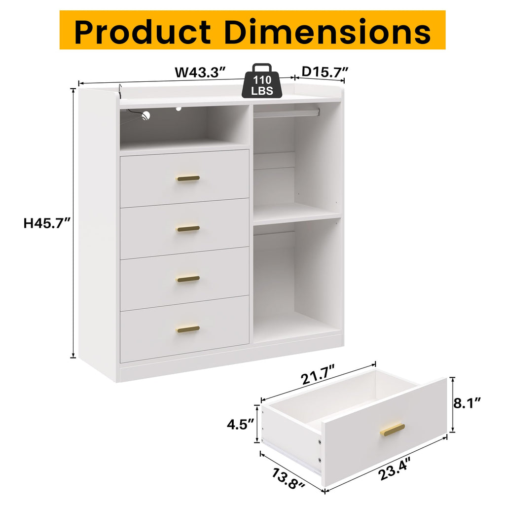 Dresser with Clothes Rack Wood, 4 Drawer Dresser White with LED Lights and Power Outlet, 15.7" D x 43.3" W x 45.7" H