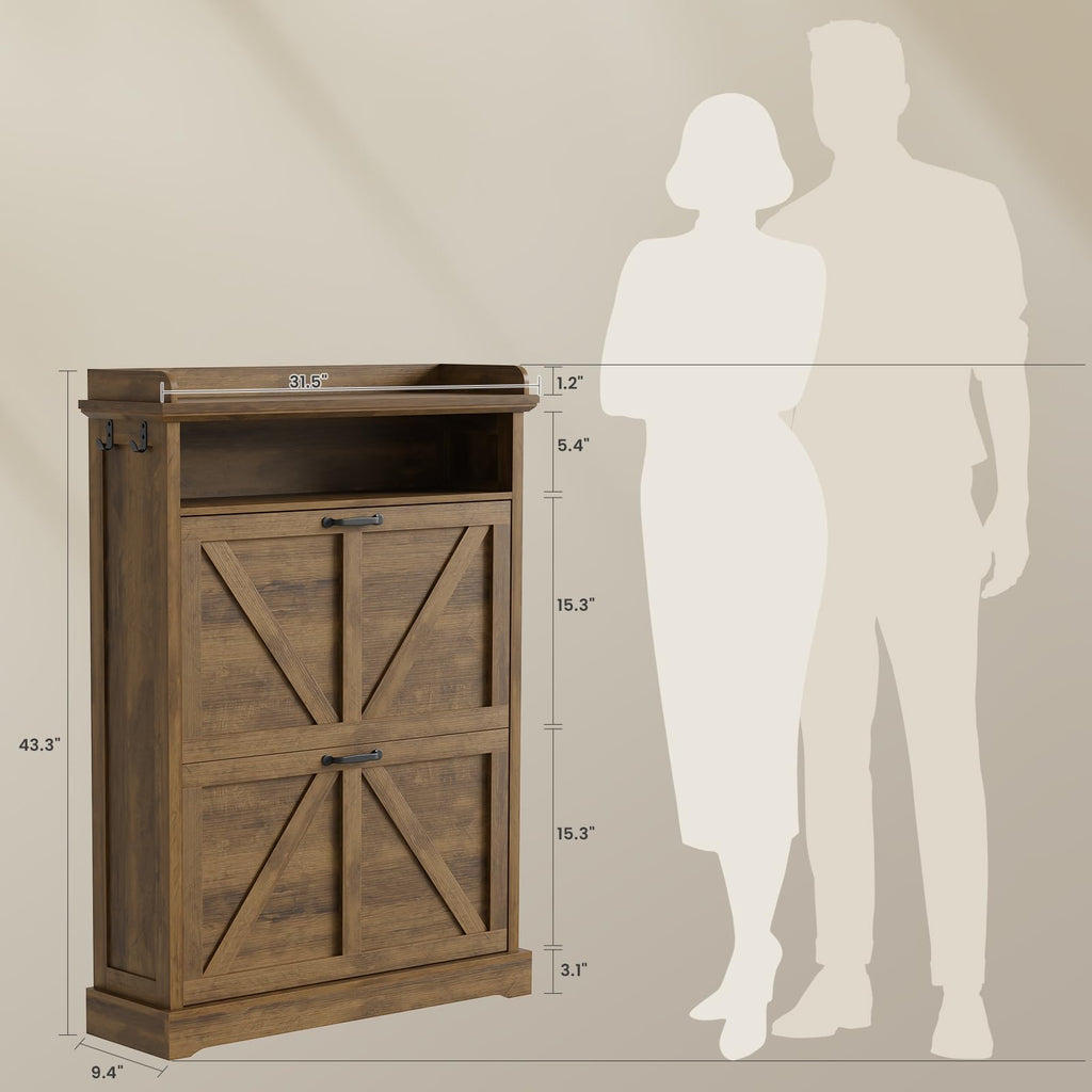 Farmhouse 31.5" W Shoe Cabinet with 2 Flip Drawers & Open Storage, Walnut