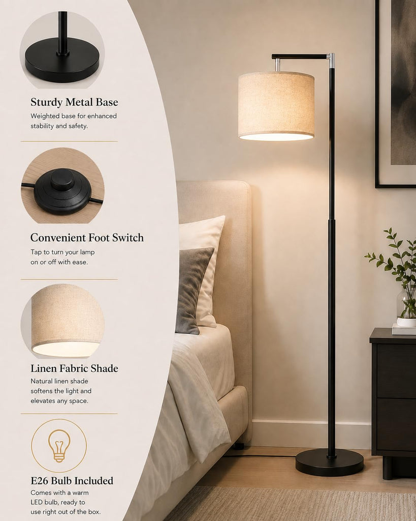 Modern Arc Floor Lamp, Adjustable Linen Shade, Black