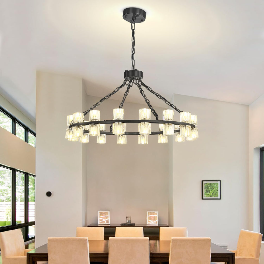 Inspired Arcachon Style Round Wagon Wheel Chandelier, 32" 32-Light Black, Extended 32" Chain — Foyer, Dining & Living Room