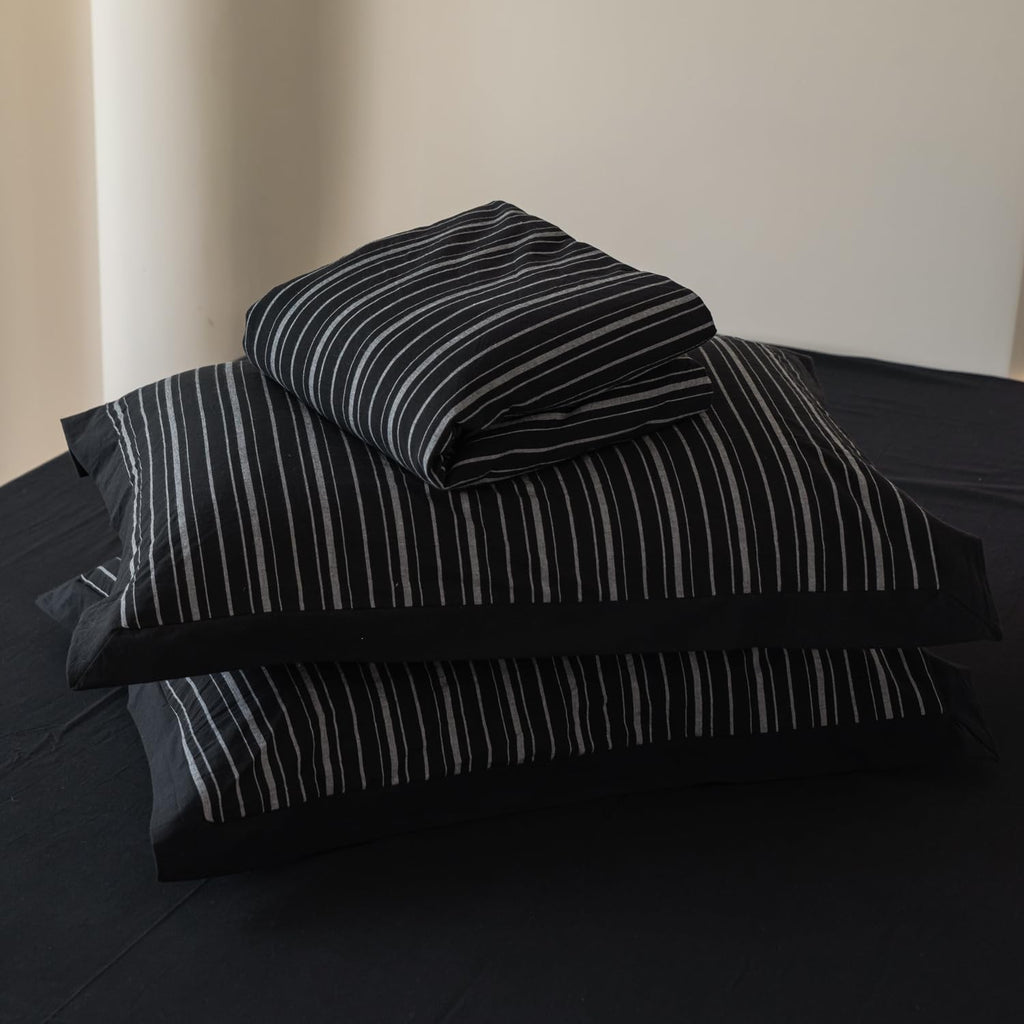Pinstripe Duvet Cover 100% Washed Cotton 3 Pieces Set 1 Black Vertical Striped Duvet Cover with Zipper Ties 2