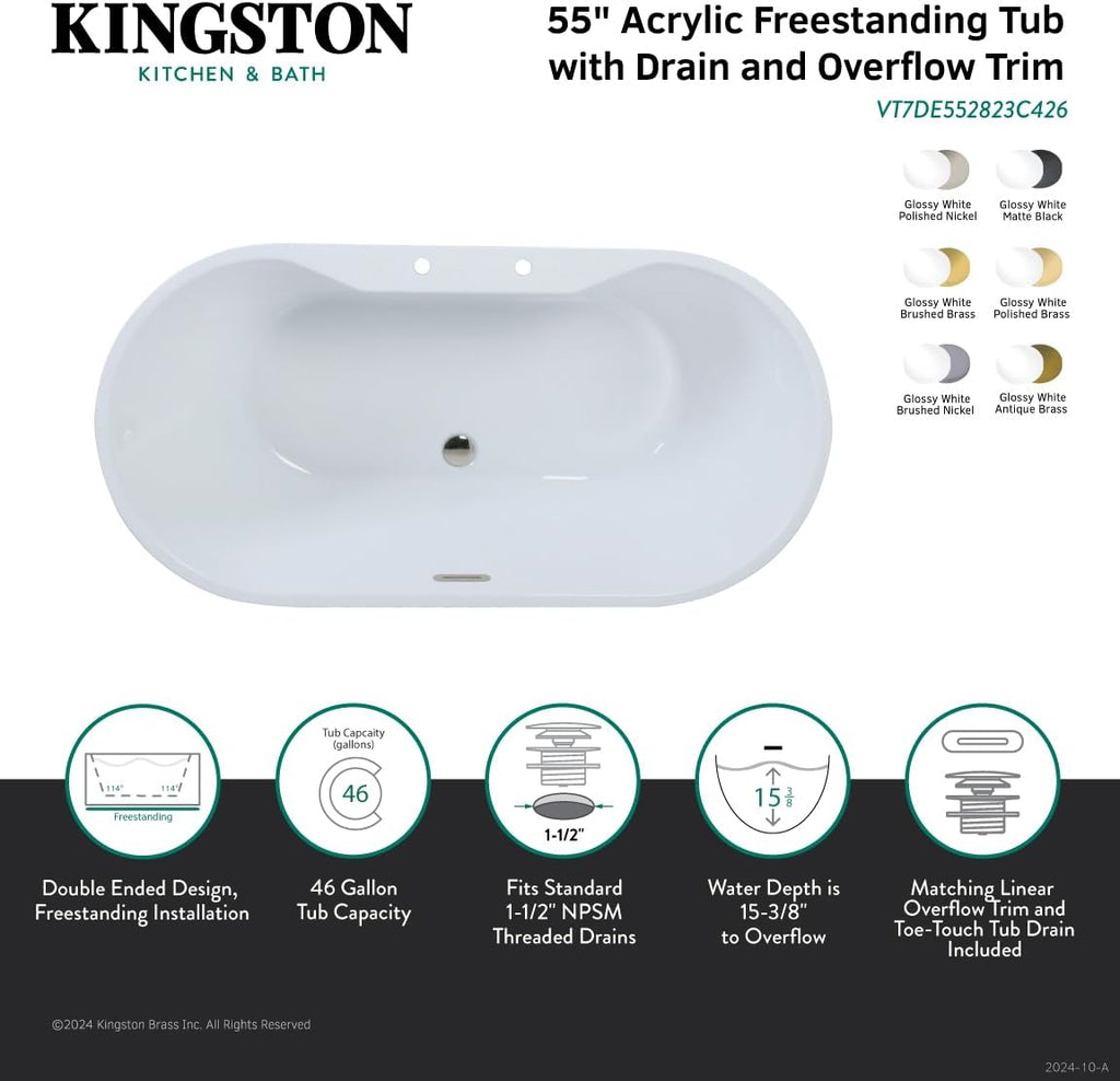 VT7DE552823C427 55" Acrylic Oval Double Ended Freestanding Tub with Drain, Glossy White/Brushed Brass