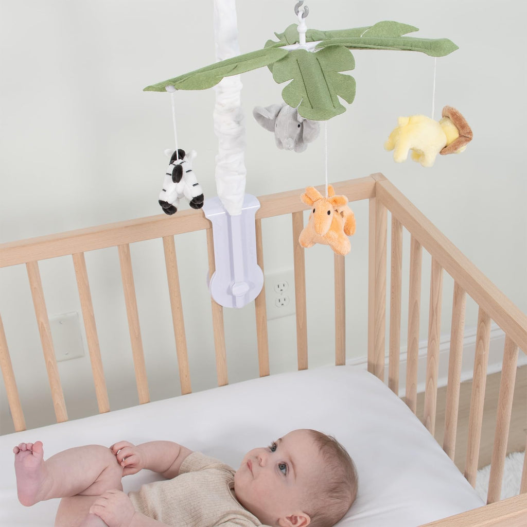 Crib Mobile for Boys or Girls - White Musical Baby Crib Mobile with 12 Lullabies, Jungle Animal, Baby Safari Animals