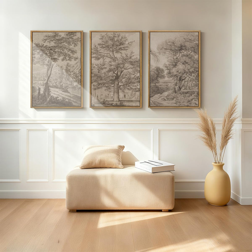 Extra Large Wall Art Framed Vintage Tree Sketch Antique Botanical Forest Prints Rustic Farmhouse Nature Decor Bedroom