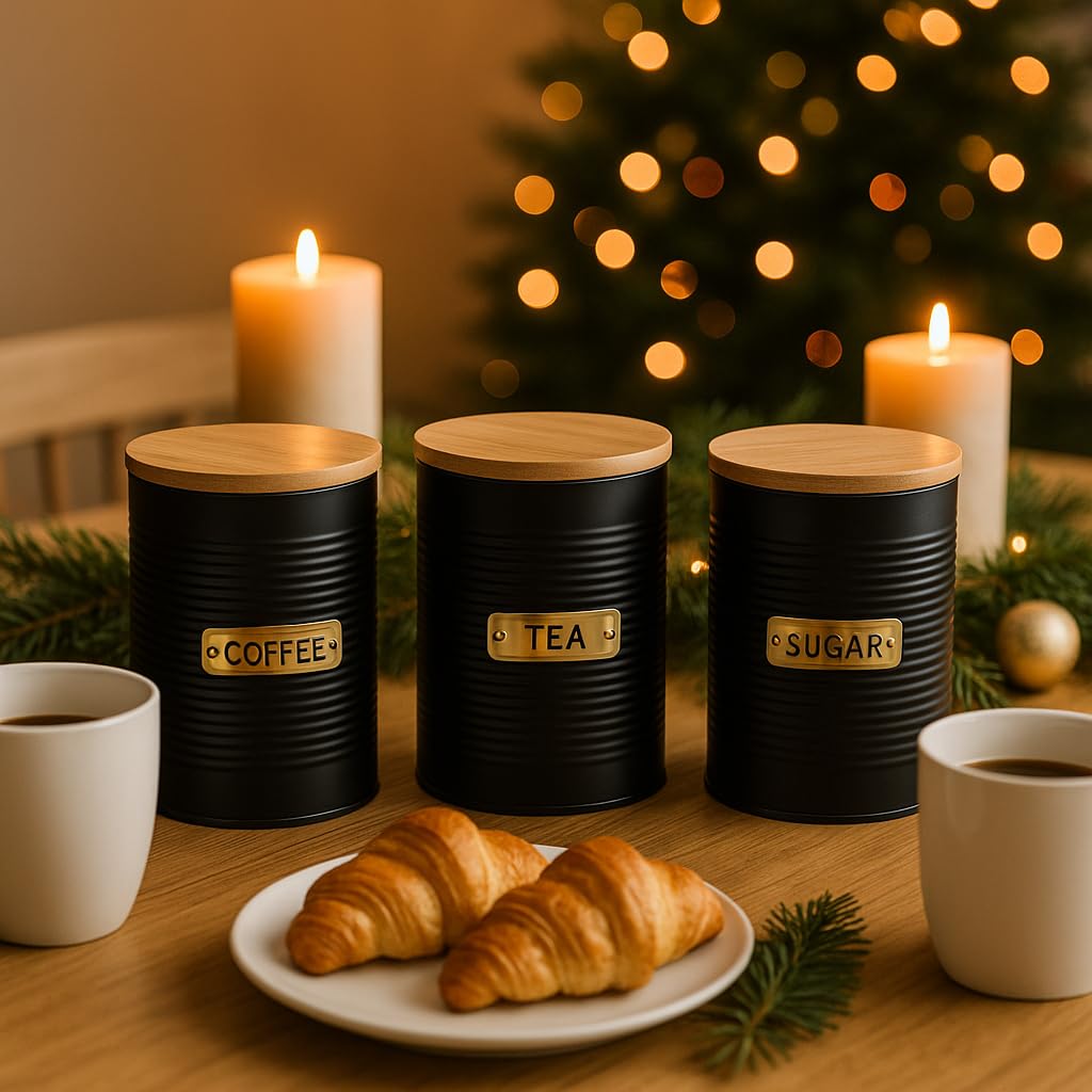 Black Metal Canisters with Wooden Lids - Set of 4 Airtight Storage Tins for Coffee, Tea, Sugar & More - Modern Ribbed