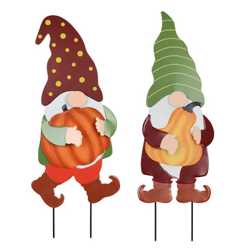 Fall Decorations Outdoor, 2 Pack 25" Decorative Garden Stakes with Gnomes Pumpkin for Fall Decor, Metal Yard Signs