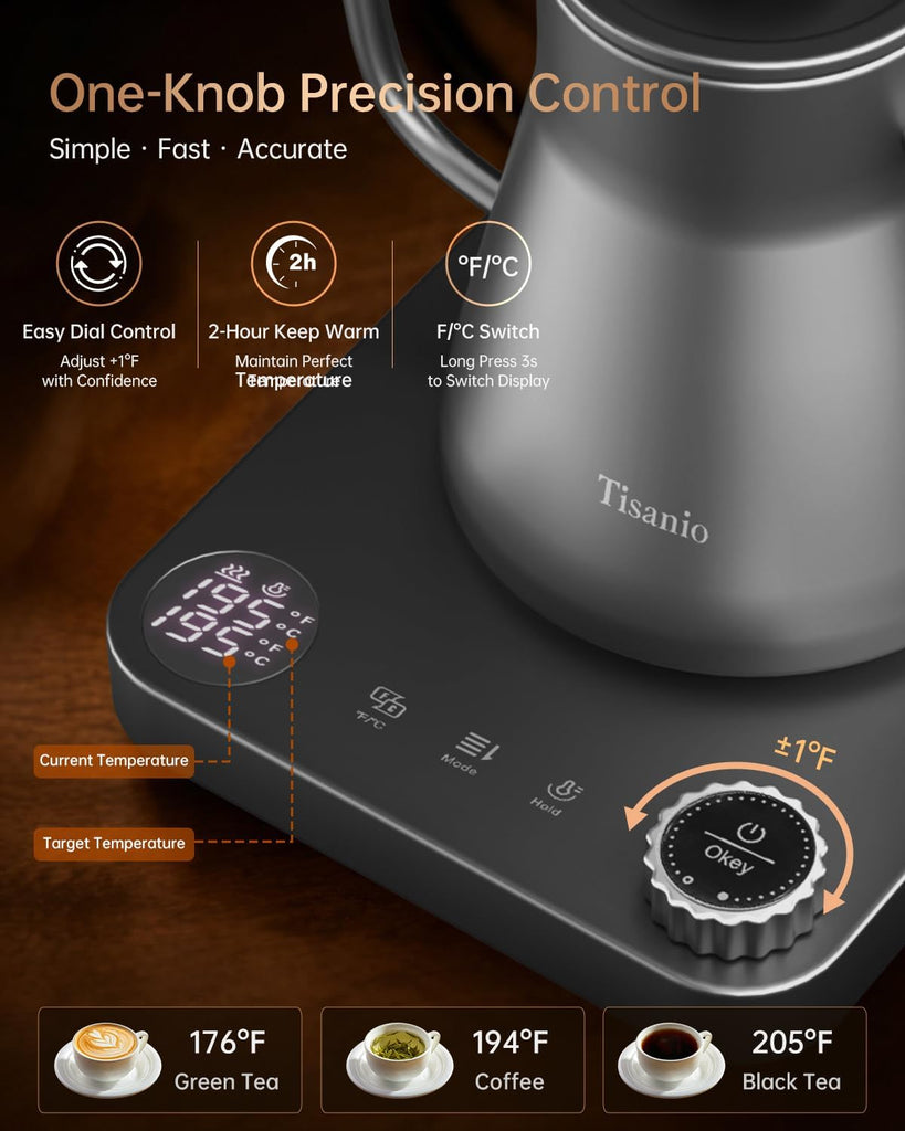 Gooseneck Electric Kettle with Temperature Control, 0.9L, Gray Wood | ±1°F Precision Pour Over Kettle, LCD Dual