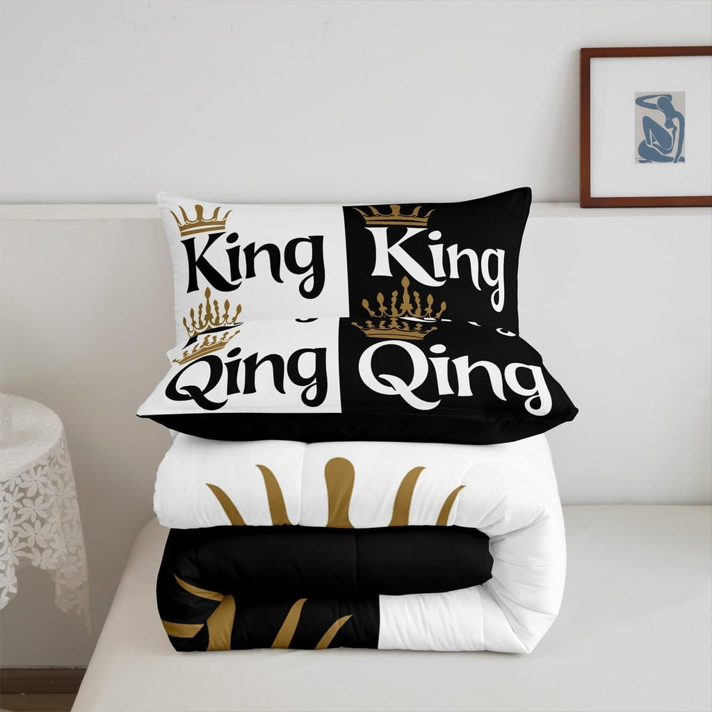 Erosebridal King and Queen Crown Comforter Set Black White Couple Bedding Set for Adult Women Men,His Her Mr Mrs Quilt