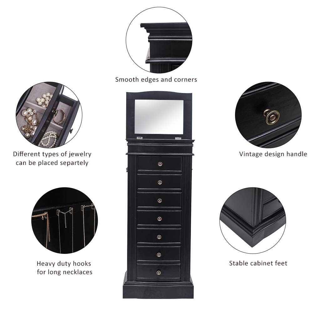 Standing Jewelry Armoire with Mirror, Large Jewelry Cabinet with 7 Drawers, 2 Side Doors with 24 Necklace Hooks