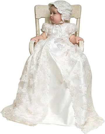 Baby Long Christening Gowns 3pcs White Lace Baptism Dress Suit with Bonnet