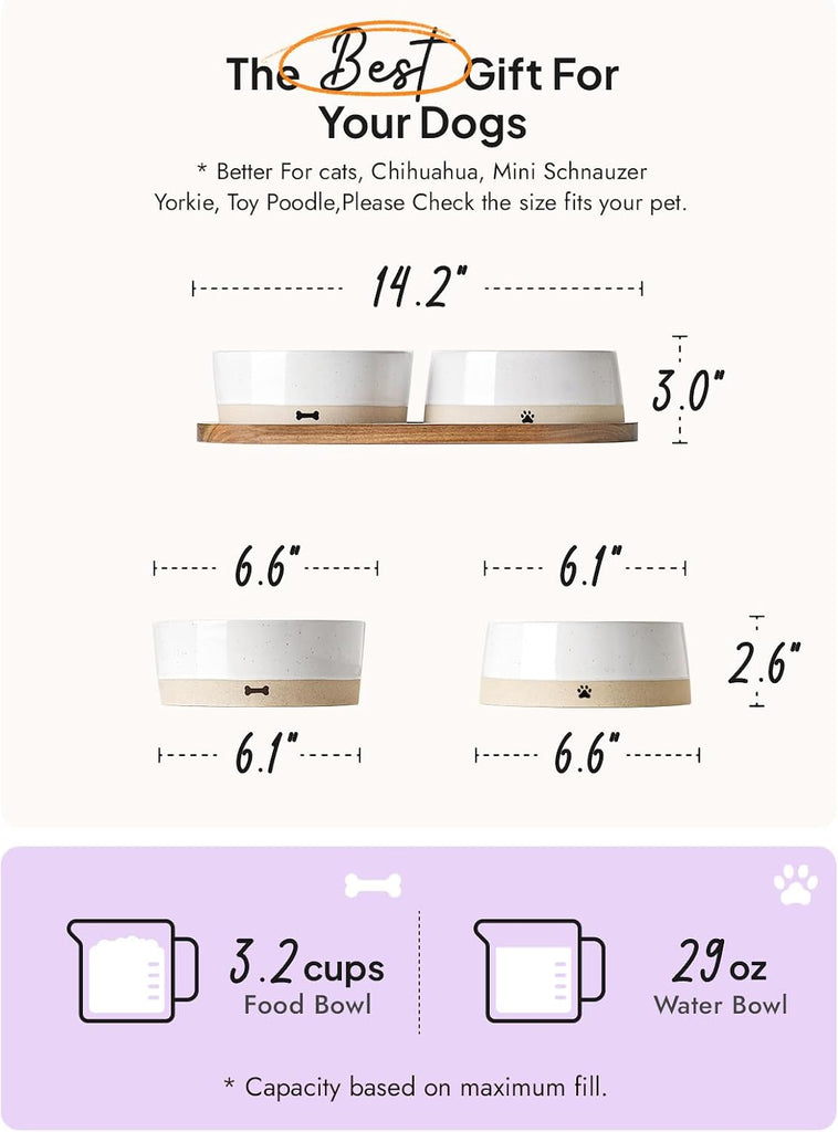 Ceramic Dog Bowl Set with Acacia Wood Tray, 3.2 Cup Food Bowl + 29 oz Water Bowl, Weighted Non-Slip Feeding Station