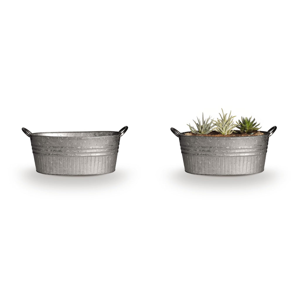 Decorative Planter - Oval Galvanized Tubs Planter with Handles - 24 Inch Lightweight Steel Indoor Oval Plant Pot with