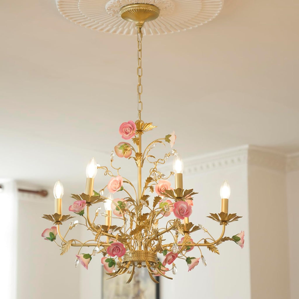 Gold Wrought Iron Floral Chandelier with Pink Ceramic Roses & Crystals, 6-Light French Country Candle Fixture