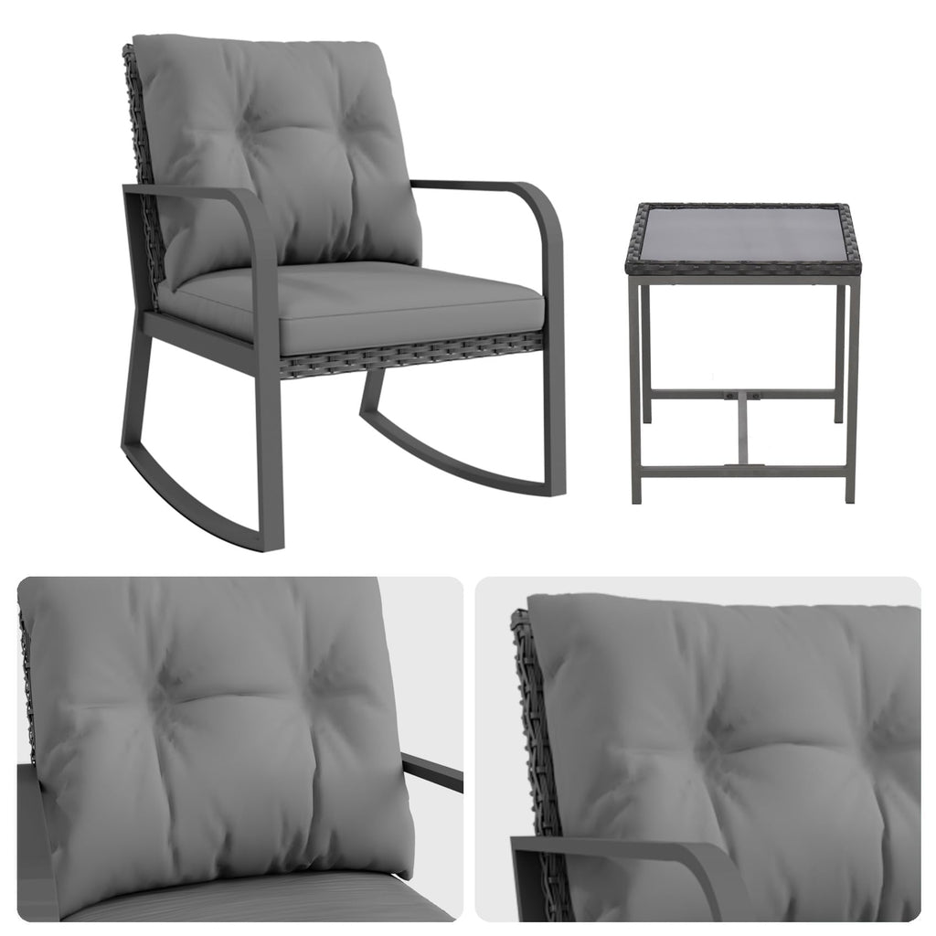 Bistro 3 Piece Patio Furniture Set, Patio Table and Rattan Outdoor Rocking Chairs Set of 2, Outdoor Bistro