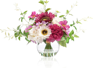 Artificial Flowers Centerpieces in Glass Vase with Fake Water, Silk White Rose Sunflowers Peony Bouquet with Vase for
