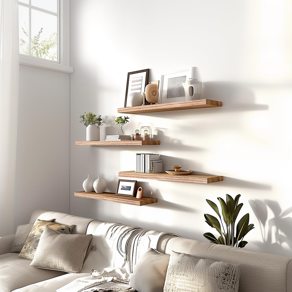 Wood Floating Shelves for Wall, Wooden Wall Shelves, Set of 6 Light Brown 17 Inch