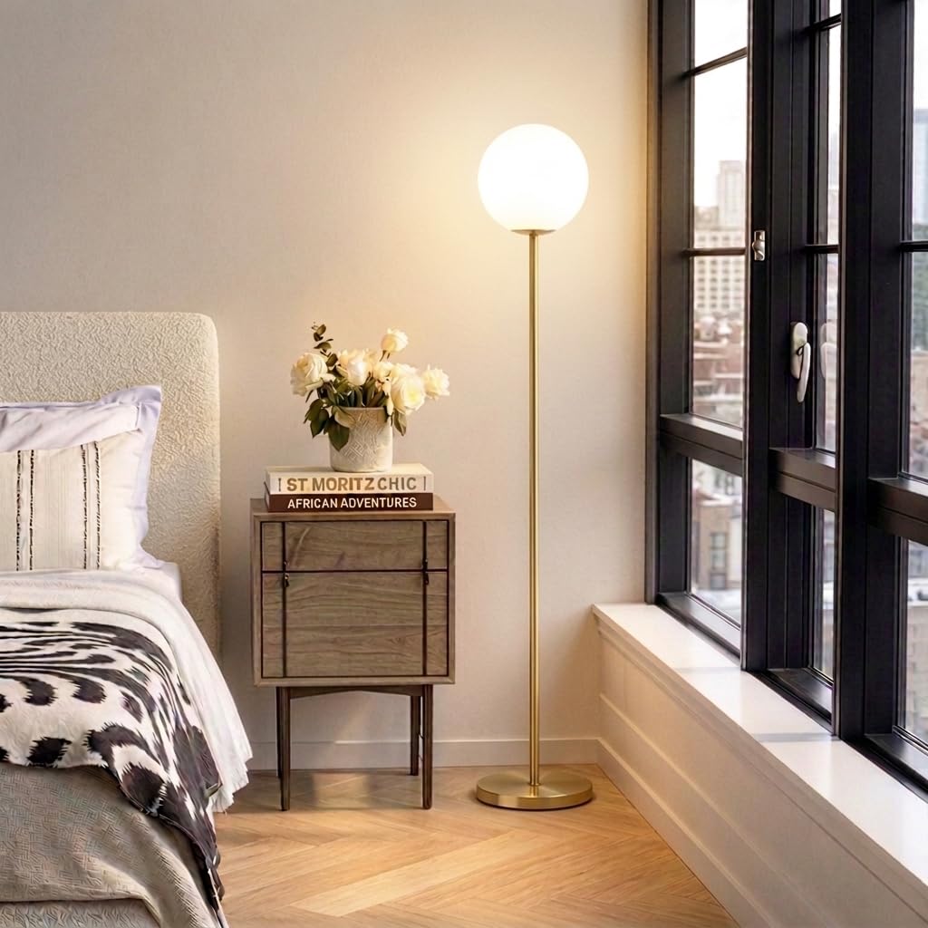Luna LED Floor lamp, Modern Lamp s & Offices, Great Living Room Décor, Tall Lamp with Frosted Glass Globe, Mid