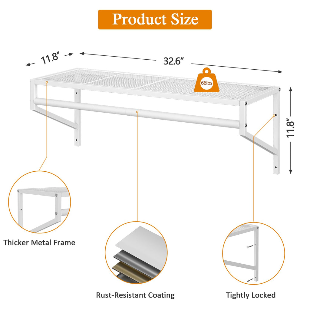 4 Pack Closet Shelves Wall Mounted, 2.7 ft x 11.8in Wire Closet Shelf with Hanging Rod, White Metal Clothes