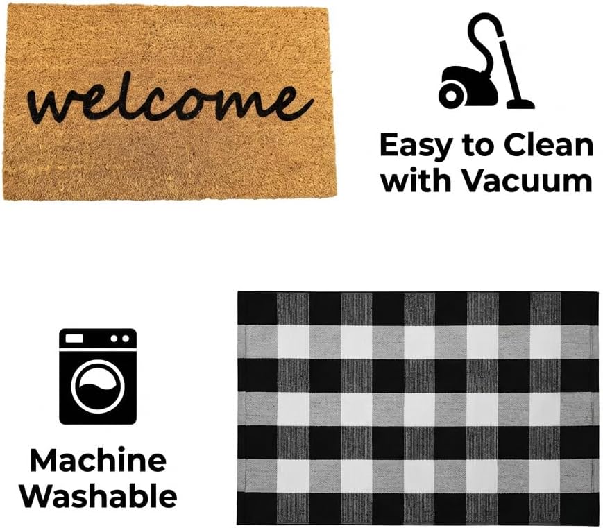 2-Piece Layered Front Doormat Set, Welcome Natural Coco Coir Door Mat + 28"x43" Black and White Buffalo Plaid Rug