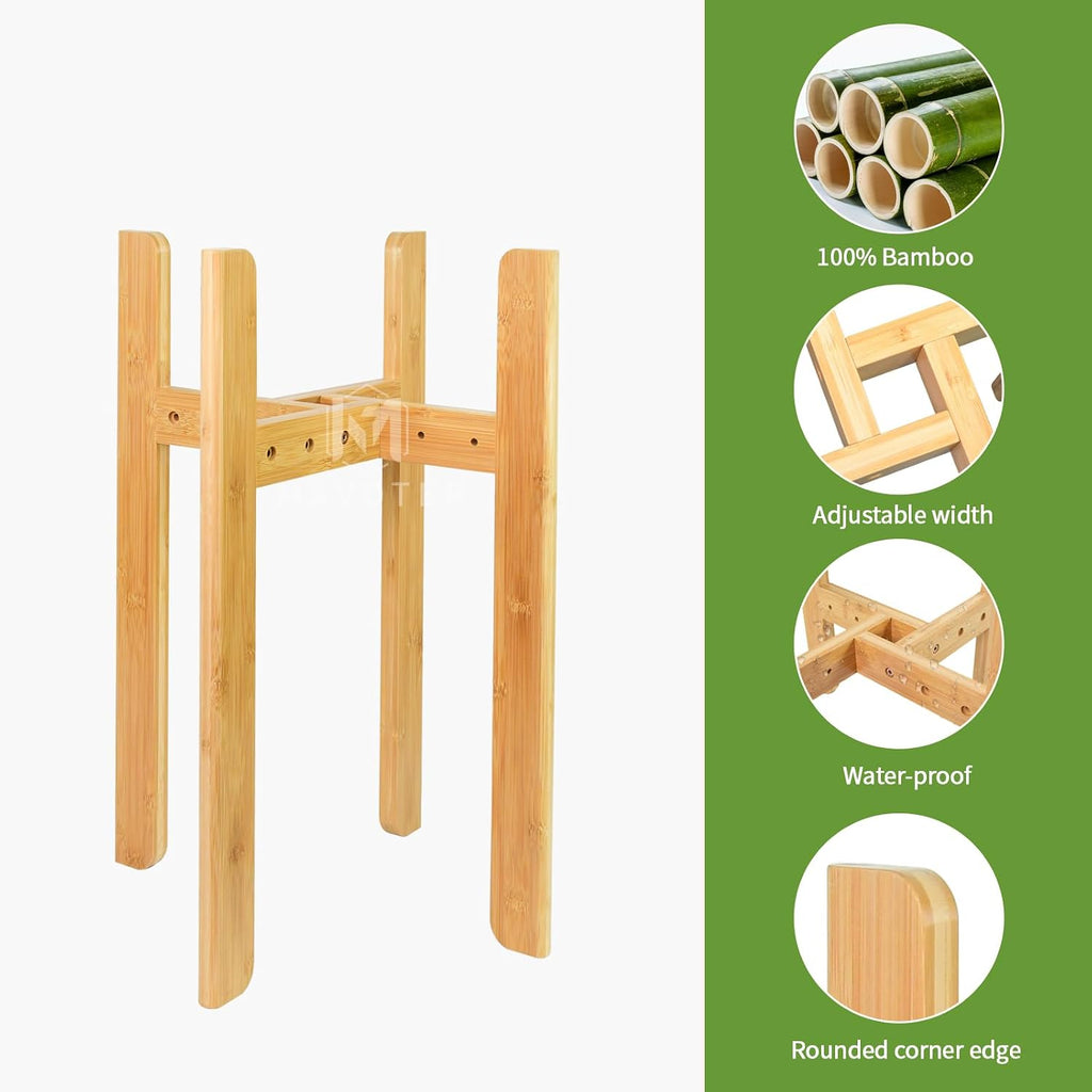 23.6" Tall Adjustable Plant Stand Indoor Flower Holder Fits 8-12 Inch Pots | Sturdy, Bamboo, Modern Mid Century