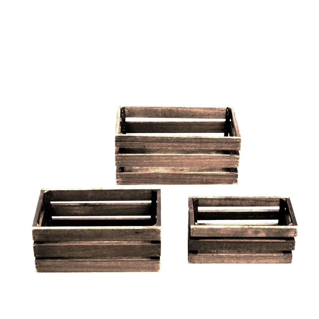 Set of 3 Brown Rustic Wooden Nesting Crates with Built-in Handles, Decorative Farmhouse Storage Boxes and Display