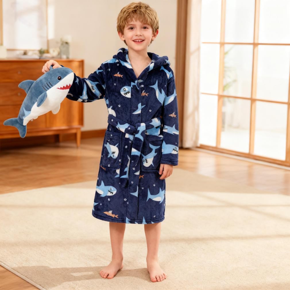 Boys Fleece Robe Kids Hooded Bathrobe Plush Soft Fuzzy Bathrobe for Children