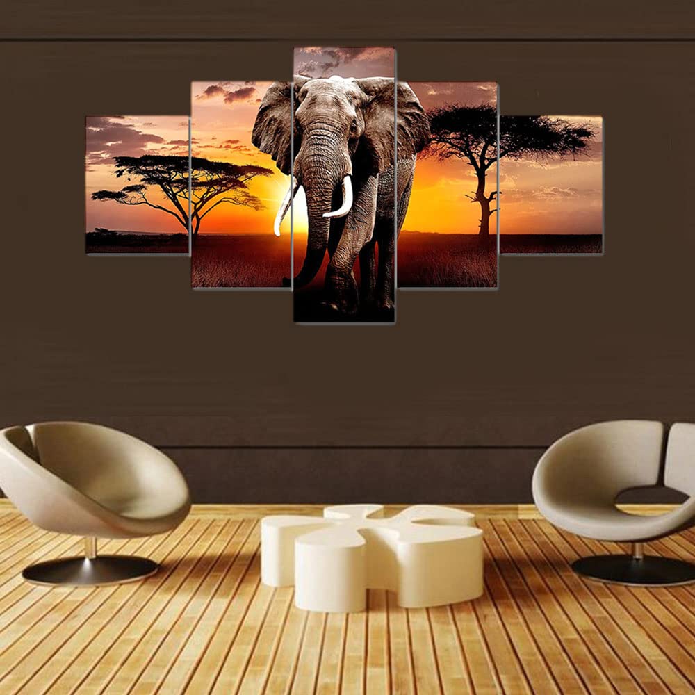 5 Pcs Africa Grassland Elephant Large Framed Canvas Wall Art Oil Painting Artwork On Stretched Canvas Print Painting