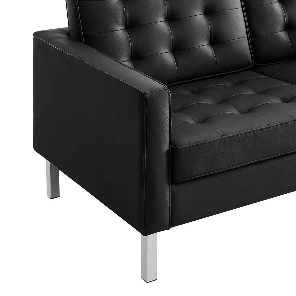 Loft Tufted Button Faux Leather Upholstered Loveseat in Silver Black