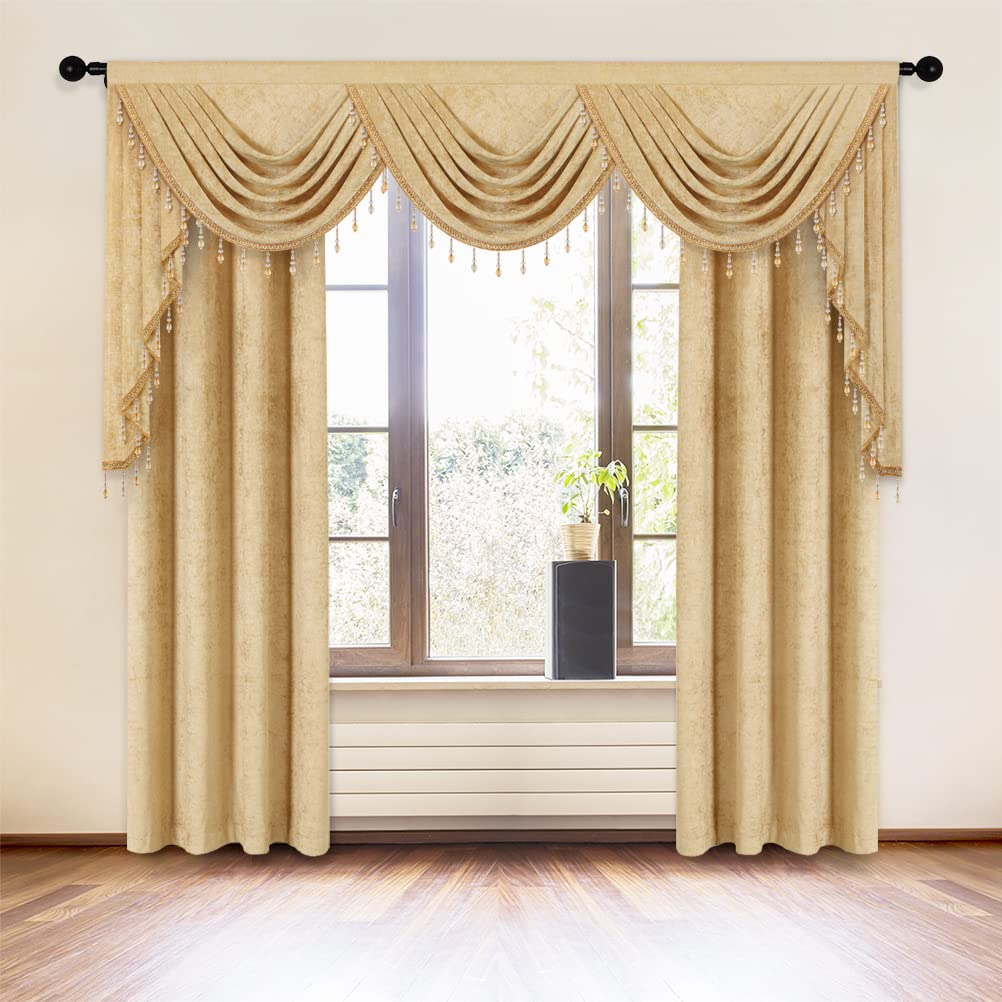 Thick Chenille Window Curtains Valance, Luxury Gold Valance with Beads, Rod Pocket (W79inch, 1 Panel)