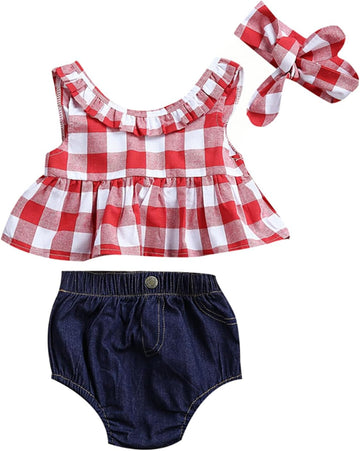 Baby Girl Ruffles Plaid Tunic Tops + Denim Bloomers + Headband 3PCS Sets