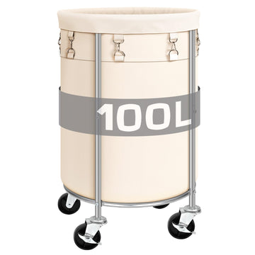 100L Round Rolling Laundry Hamper Basket with Wheels, Beige
