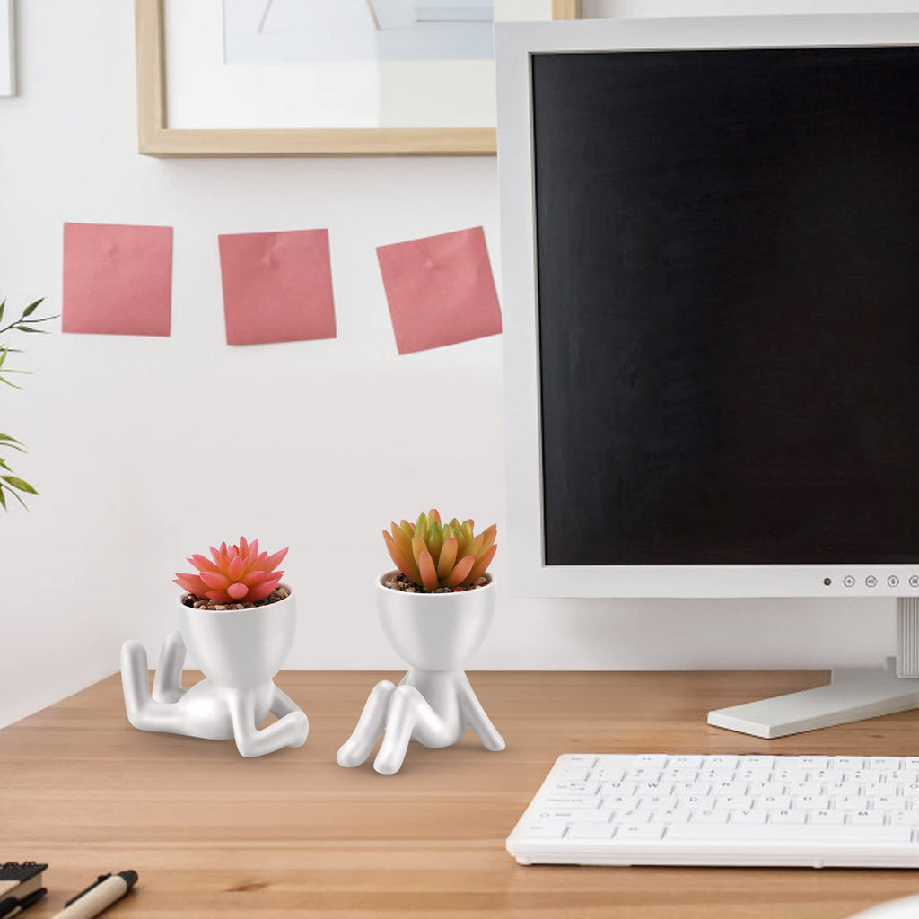 Fake Succulent, Mini Succulents Plants Artificial in White Modern Human Shaped Ceramic Pots Cute Pink Succulent Decor