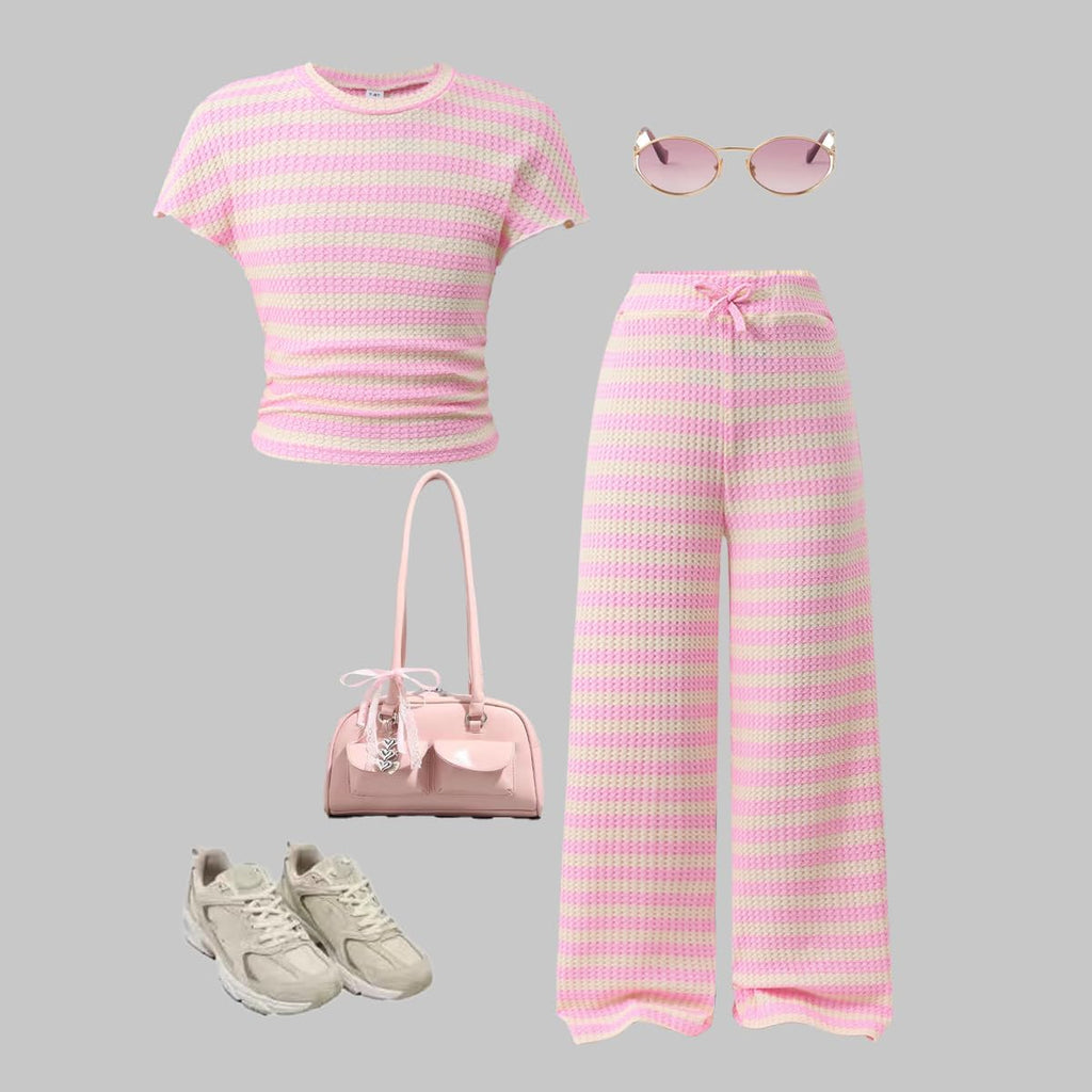 Piece Outfits Short Sleeve Striped Top & Wide Leg Pants Girls Fashion Casual Clothing Set