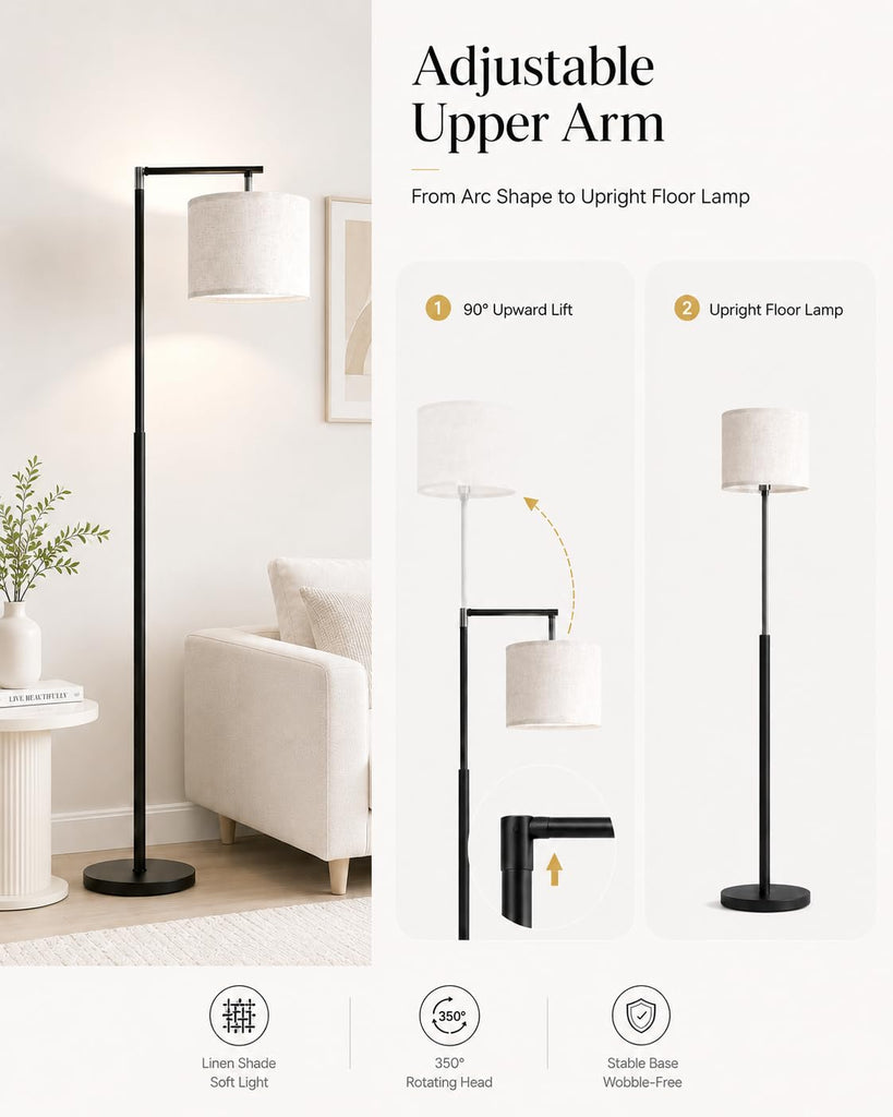 Modern Arc Floor Lamp, Adjustable Linen Shade, Black
