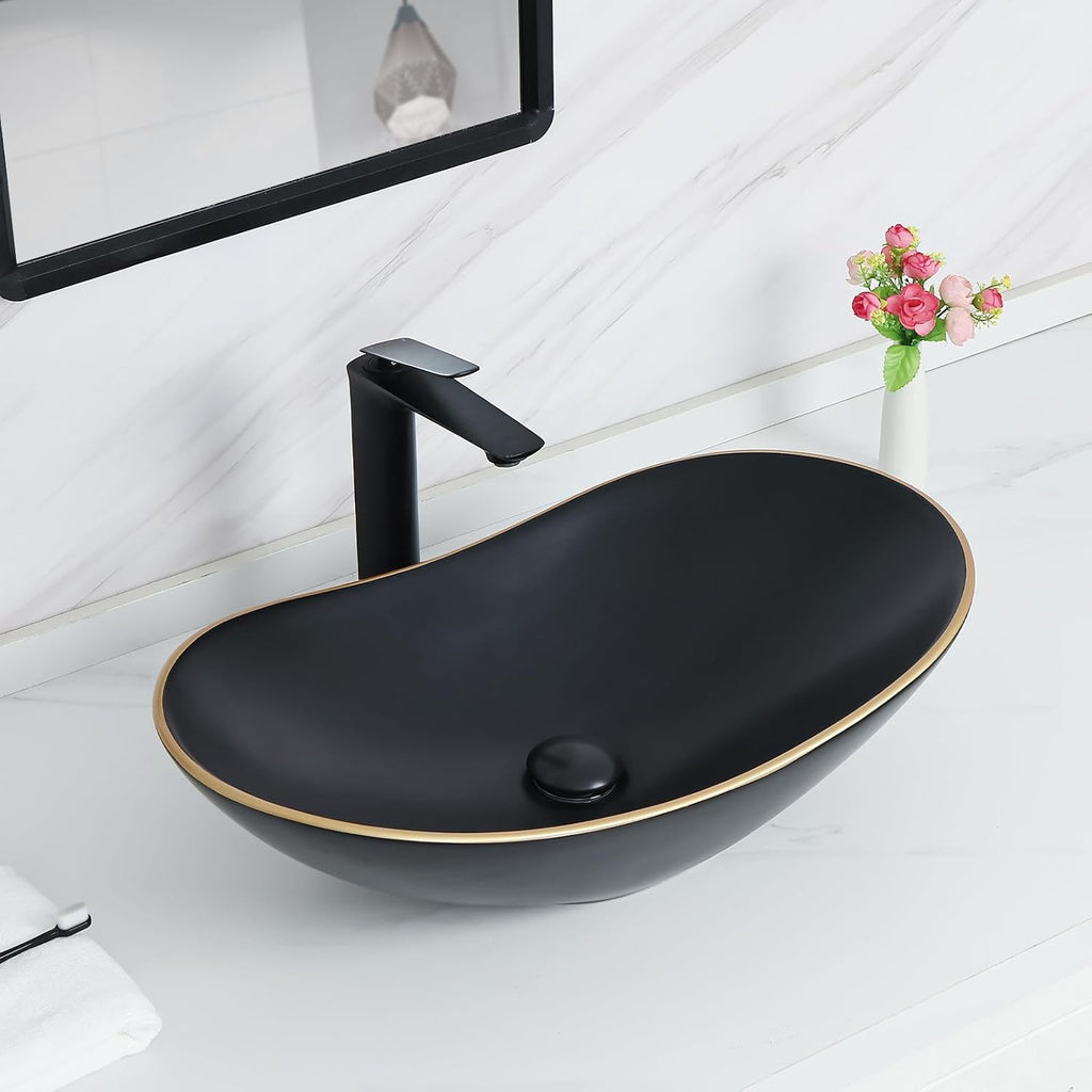 24.5'' X 13.8'' Large Matte Black Oval Vessel Sink with Pop Up Drain,Bathroom Sinks Above Counter,Black Vessel