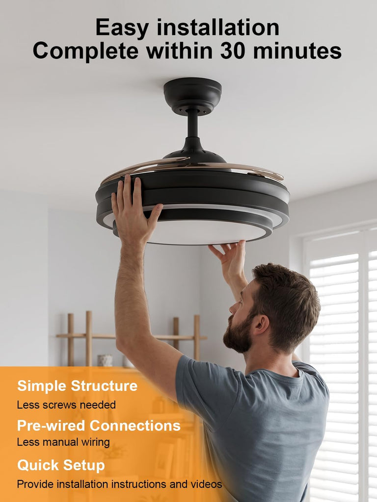 42 Inch Black Modern Ceiling Fan with Lights and APP Control,Retractable Fandelier Celing Fan with Light, 6