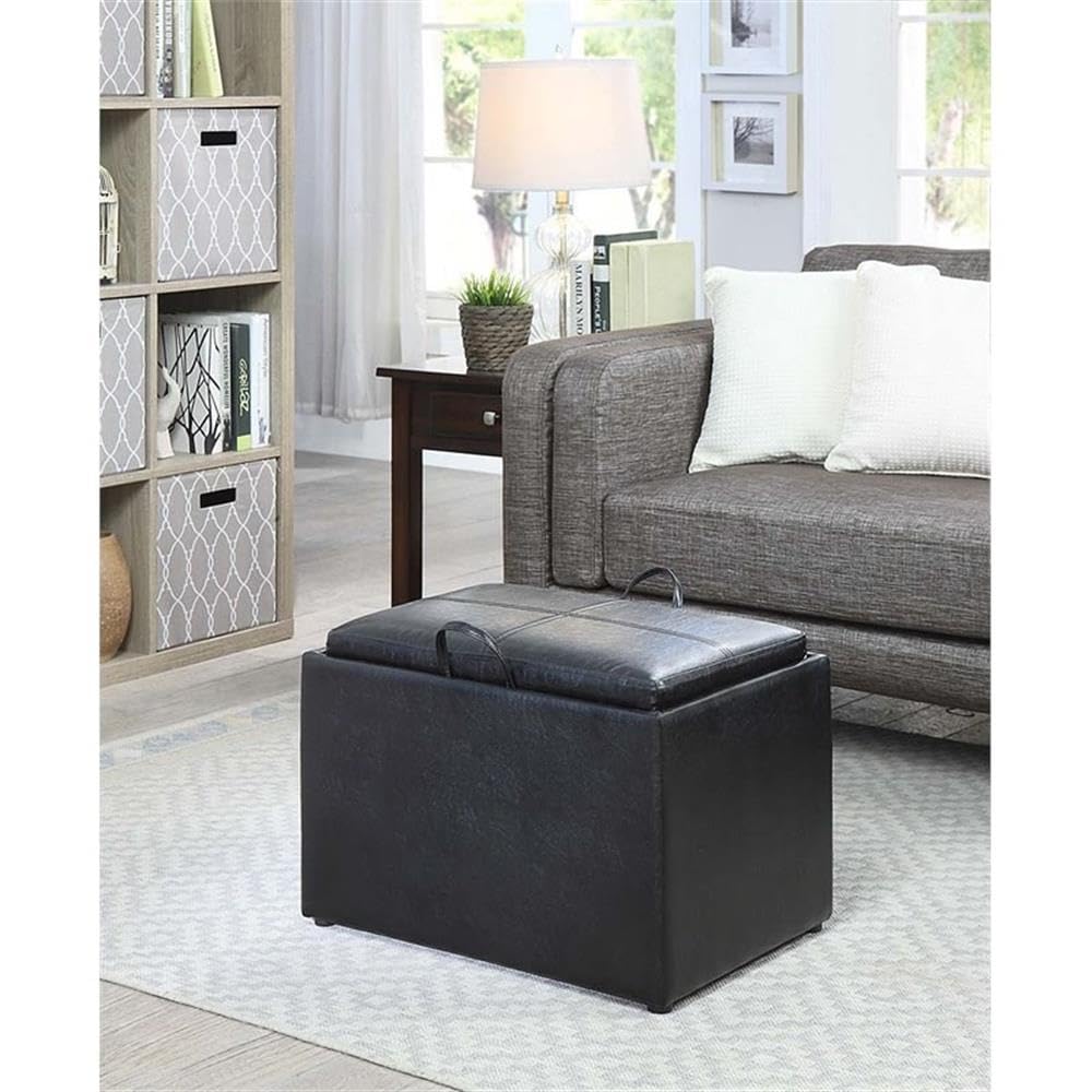 Designs4Comfort Accent Storage Ottoman 22.75" - Modern Foot Stool with Decorative Tray, Black Faux Leather