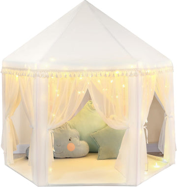 White Princess Tent Girls Tassel Decor Large Playhouse Kids Castle Play Tent with Star Lights Toy for Children Indoor