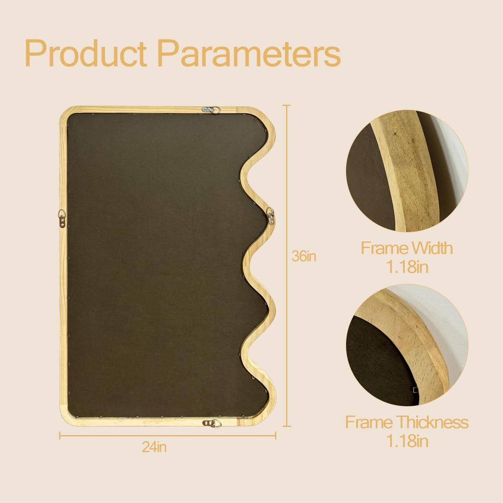 Wavy Mirror for Wall, 24x36 Inch Wood Frame, Natural